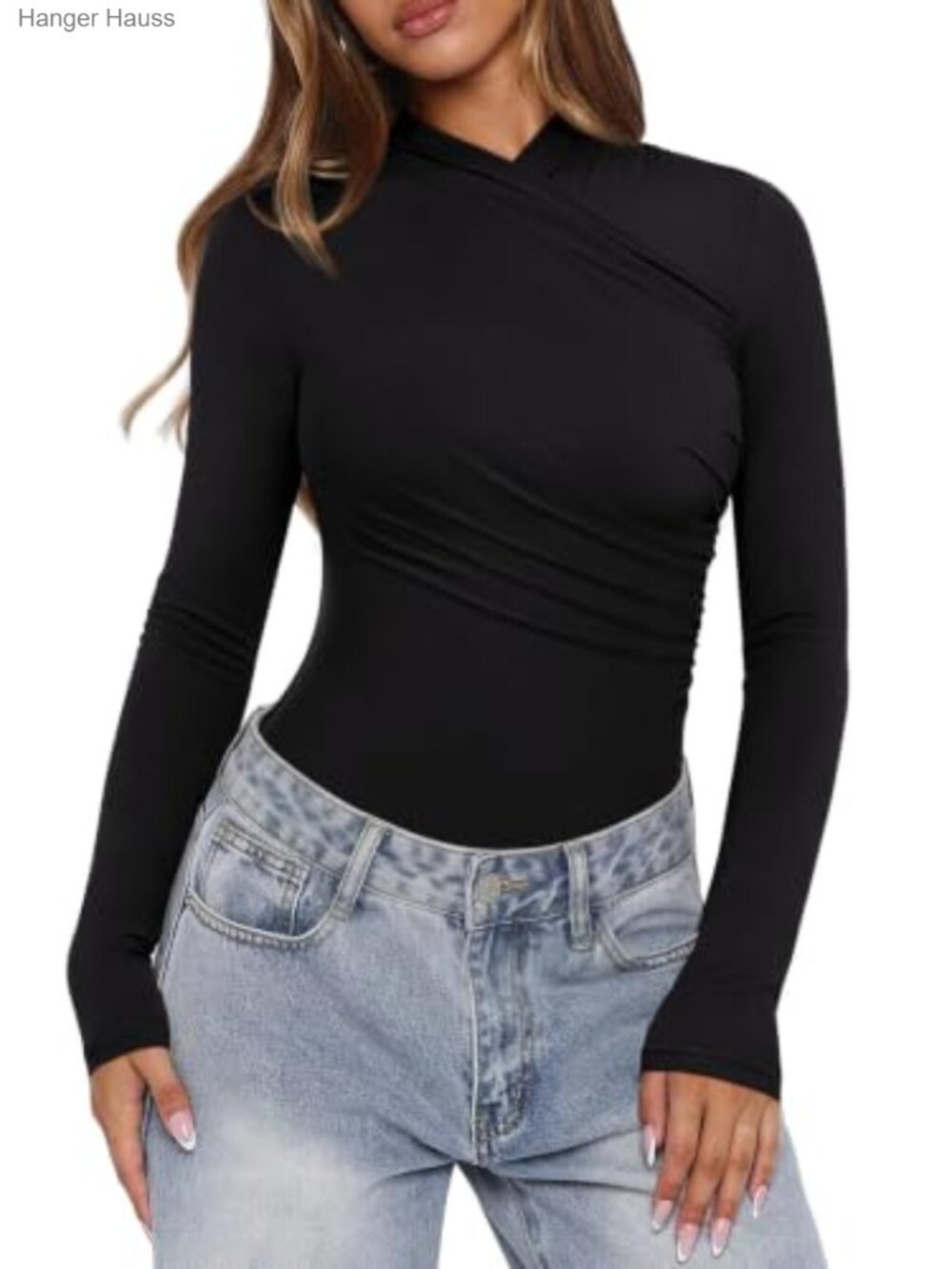 Women's Long Sleeve Ruched Wrap Bodysuit Mock Neck Slimming Top
